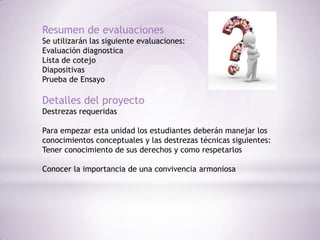 Resumen de evaluaciones
Se utilizarán las siguiente evaluaciones:
Evaluación diagnostica
Lista de cotejo
Diapositivas
Prueba de Ensayo

Detalles del proyecto
Destrezas requeridas

Para empezar esta unidad los estudiantes deberán manejar los
conocimientos conceptuales y las destrezas técnicas siguientes:
Tener conocimiento de sus derechos y como respetarlos

Conocer la importancia de una convivencia armoniosa
 