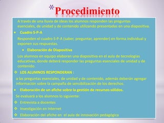 *Procedimiento
  A través de una lluvia de ideas los alumnos responden las preguntas
  esenciales, de unidad y de contenido utilizando presentadas en una diapositiva.
   Cuadro S-P-A
  Responden el cuadro S-P-A (saber, preguntar, aprender) en forma individual y
  exponen sus respuestas.
        Elaboración de Diapositiva
  Los alumnos en equipo elaboran una diapositiva en el aula de tecnologías
  educativas, donde deberá responder las preguntas esenciales de unidad y de
  contenido.
 LOS ALUMNOS RESPONDERAN :
 a las preguntas esenciales, de unidad y de contenido, además deberán agregar
 información sobre la campaña de sensibilización de los derechos.
   Elaboración de un afiche sobre la gestión de recursos sólidos.
 Se evaluará a los alumnos lo siguiente:
 Entrevista a docentes
 Investigación en Internet
 Elaboración del afiche en el aula de innovación pedagógica
 