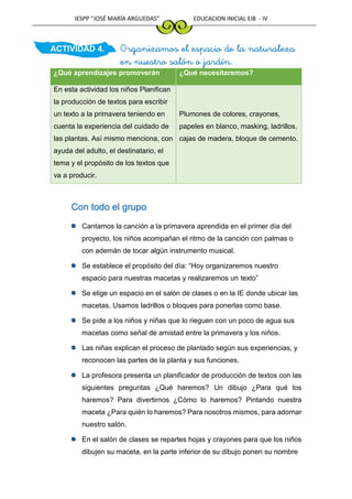 IESPP “JOSÉ MARÍA ARGUEDAS” EDUCACION INICIAL EIB - IV
ACTIVIDAD 4. Organizamos el espacio de la naturaleza
en nuestro salón o jardín.
¿Qué aprendizajes promoverán ¿Qué necesitaremos?
En esta actividad los niños Planifican
la producción de textos para escribir
un texto a la primavera teniendo en
cuenta la experiencia del cuidado de
las plantas. Así mismo menciona, con
ayuda del adulto, el destinatario, el
tema y el propósito de los textos que
va a producir.
Plumones de colores, crayones,
papeles en blanco, masking, ladrillos,
cajas de madera, bloque de cemento.
Con todo el grupo
Cantamos la canción a la primavera aprendida en el primer día del
proyecto, los niños acompañan el ritmo de la canción con palmas o
con ademán de tocar algún instrumento musical.
Se establece el propósito del día: “Hoy organizaremos nuestro
espacio para nuestras macetas y realizaremos un texto”
Se elige un espacio en el salón de clases o en la IE donde ubicar las
macetas. Usamos ladrillos o bloques para ponerlas como base.
Se pide a los niños y niñas que lo rieguen con un poco de agua sus
macetas como señal de amistad entre la primavera y los niños.
Las niñas explican el proceso de plantado según sus experiencias, y
reconocen las partes de la planta y sus funciones.
La profesora presenta un planificador de producción de textos con las
siguientes preguntas ¿Qué haremos? Un dibujo ¿Para qué los
haremos? Para divertirnos ¿Cómo lo haremos? Pintando nuestra
maceta ¿Para quién lo haremos? Para nosotros mismos, para adornar
nuestro salón.
En el salón de clases se repartes hojas y crayones para que los niños
dibujen su maceta, en la parte inferior de su dibujo ponen su nombre
 