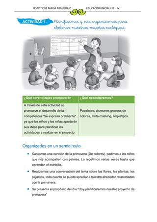 IESPP “JOSÉ MARÍA ARGUEDAS” EDUCACION INICIAL EIB - IV
ACTIVIDAD 1. Planificamos y nos organizamos para
elaborar nuestras macetas ecológicas.
¿Qué aprendizajes promoverán ¿Qué necesitaremos?
A través de esta actividad se
promueve el desarrollo de la
competencia "Se expresa oralmente"
ya que los niños y las niñas aportarán
sus ideas para planificar las
actividades a realizar en el proyecto.
Papelotes, plumones gruesos de
colores, cinta masking, limpiatipos.
Organizados en un semicírculo
 Cantamos una canción de la primavera (De colores), pedimos a los niños
que nos acompañen con palmas. La repetimos varias veces hasta que
aprendan el estribillo.
 Realizamos una conversación del tema sobre las flores, las plantas, los
pajaritos, todo cuanto se puede apreciar a nuestro alrededor relacionados
con la primavera.
 Se presenta el propósito del día “Hoy planificaremos nuestro proyecto de
primavera”
 