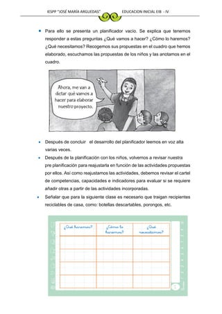 IESPP “JOSÉ MARÍA ARGUEDAS” EDUCACION INICIAL EIB - IV
 Para ello se presenta un planificador vacío. Se explica que tenemos
responder a estas preguntas ¿Qué vamos a hacer? ¿Cómo lo haremos?
¿Qué necesitamos? Recogemos sus propuestas en el cuadro que hemos
elaborado, escuchamos las propuestas de los niños y las anotamos en el
cuadro.
 Después de concluir el desarrollo del planificador leemos en voz alta
varias veces.
 Después de la planificación con los niños, volvemos a revisar nuestra
pre planificación para reajustarla en función de las actividades propuestas
por ellos. Así como reajustamos las actividades, debemos revisar el cartel
de competencias, capacidades e indicadores para evaluar si se requiere
añadir otras a partir de las actividades incorporadas.
 Señalar que para la siguiente clase es necesario que traigan recipientes
reciclables de casa, como: botellas descartables, porongos, etc.
 