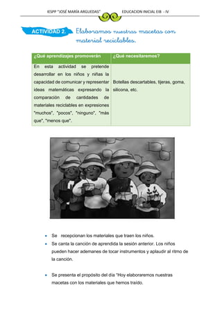 IESPP “JOSÉ MARÍA ARGUEDAS” EDUCACION INICIAL EIB - IV
ACTIVIDAD 2. Elaboramos nuestras macetas con
material reciclables.
¿Qué aprendizajes promoverán ¿Qué necesitaremos?
En esta actividad se pretende
desarrollar en los niños y niñas la
capacidad de comunicar y representar
ideas matemáticas expresando la
comparación de cantidades de
materiales reciclables en expresiones
"muchos", "pocos", "ninguno", "más
que", "menos que".
Botellas descartables, tijeras, goma,
silicona, etc.
 Se recepcionan los materiales que traen los niños.
 Se canta la canción de aprendida la sesión anterior. Los niños
pueden hacer ademanes de tocar instrumentos y aplaudir al ritmo de
la canción.
 Se presenta el propósito del día “Hoy elaboraremos nuestras
macetas con los materiales que hemos traído.
 