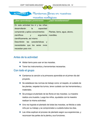 IESPP “JOSÉ MARÍA ARGUEDAS” EDUCACION INICIAL EIB - IV
ACTIVIDAD 3. Plantamos flores en nuestras
macetas ecológicas
¿Qué aprendizajes promoverán ¿Qué necesitaremos?
En esta actividad los ni y las niñas
desarrollarán la capacidad
comprende y aplica conocimientos
científicos y argumenta
científicamente, así mismo
Describirán las características y
necesidades que los seres vivos
necesitan para vivir.
Plantas, tierra, agua, abono,
mandiles.
Antes de la actividad
Alistar tierra para usar en las macetas.
Tener los instrumentos y herramientas necesarias.
Con todo el grupo
Cantamos la canción a la primavera aprendida en el primer día del
proyecto.
Se establecen las normas de trabajo como: el respeto, el cuidado de
las plantas, respetar los turnos, tener cuidado con las herramientas y
materiales.
Se prosigue al plantado de las flores en las macetas. La maestra
realiza una muestra. Luego los niños, ayudados con la maestra
realizan la misma actividad.
Una vez lograda el plantado de todas las macetas, se felicita a cada
niño por su trabajo y se comprometen a cuidarla todos los días.
Las niñas explican el proceso de plantado según sus experiencias, y
reconocen las partes de la planta y sus funciones.
 