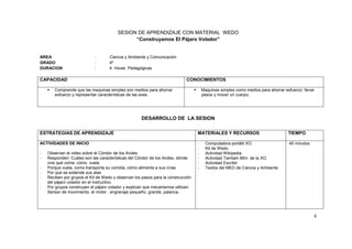 6
SESION DE APRENDIZAJE CON MATERIAL WEDO
“Construyamos El Pájaro Volador”
AREA : Ciencia y Ambiente y Comunicación
GRADO : 4º
DURACION : 4 Horas Pedagógicas
CAPACIDAD CONOCIMIENTOS
 Comprende que las maquinas simples son medios para ahorrar
esfuerzo y representar características de las aves
 Maquinas simples como medios para ahorrar esfuerzo: llevar
pesos y mover un cuerpo.
DESARROLLO DE LA SESION
ESTRATEGIAS DE APRENDIZAJE MATERIALES Y RECURSOS TIEMPO
ACTIVIDADES DE INICIO
- Observan el video sobre el Cóndor de los Andes.
- Responden: Cuáles son las características del Cóndor de los Andes, dónde
vive qué come, cómo vuela
- Porque vuela, como transporta su comida, cómo alimenta a sus crías
- Por que se extiende sus alas
- Reciben por grupos el Kit de Wedo y observan los pasos para la construcción
del pájaro volador en el instructivo.
- Por grupos construyen el pájaro volador y explican que mecanismos utilizan:
Sensor de movimiento, el motor , engranaje pequeño, grande, palanca,
- Computadora portátil XO.
- Kit de Wedo
- Actividad Wikipedia
- Actividad Tamtam Mini de la XO.
- Actividad Escribir
- Textos del MED de Ciencia y Ambiente.
40 minutos
 