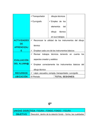 Transportador         dibujos técnicos

              Curvígrafo           Empleo de los

                                     elementos     del

                                     dibujo    técnico

                                     en sus trabajos
ACTIVIDADES    Reconocer la utilidad de los instrumentos del dibujo
     DE
                 técnico
APRENDIZAJ
     E         Emplear cada uno de los instrumentos básicos
               Revisar trabajos técnicos teniendo en cuenta los


EVALUACIÓN       aspectos creador y estético

DEL ALUMN@     Emplear correctamente los instrumentos básicos del

                 dibujo técnico
 RECURSOS      Lápiz, escuadra, compás, transportador, curvígrafo
 UBICACIÓN    IV Periodo                  TOTAL SESIONES:




                                  6º

UNIDAD DIDÁCTICA: FIGURA – FONDO, FONDO – FIGURA
 OBJETIVO     Descubrir, dentro de la relación fondo – forma, las cualidades
 