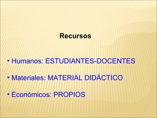Recursos  Humanos: ESTUDIANTES-DOCENTES Materiales: MATERIAL DIDÁCTICO Económicos: PROPIOS 