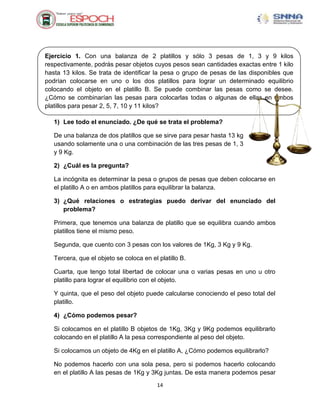 Ejercicio 1. Con una balanza de 2 platillos y sólo 3 pesas de 1, 3 y 9 kilos
respectivamente, podrás pesar objetos cuyos pesos sean cantidades exactas entre 1 kilo
hasta 13 kilos. Se trata de identificar la pesa o grupo de pesas de las disponibles que
podrían colocarse en uno o los dos platillos para lograr un determinado equilibrio
colocando el objeto en el platillo B. Se puede combinar las pesas como se desee.
¿Cómo se combinarían las pesas para colocarlas todas o algunas de ellas en ambos
platillos para pesar 2, 5, 7, 10 y 11 kilos?

   1) Lee todo el enunciado. ¿De qué se trata el problema?

   De una balanza de dos platillos que se sirve para pesar hasta 13 kg
   usando solamente una o una combinación de las tres pesas de 1, 3
   y 9 Kg.

   2) ¿Cuál es la pregunta?

   La incógnita es determinar la pesa o grupos de pesas que deben colocarse en
   el platillo A o en ambos platillos para equilibrar la balanza.

   3) ¿Qué relaciones o estrategias puedo derivar del enunciado del
      problema?

   Primera, que tenemos una balanza de platillo que se equilibra cuando ambos
   platillos tiene el mismo peso.

   Segunda, que cuento con 3 pesas con los valores de 1Kg, 3 Kg y 9 Kg.

   Tercera, que el objeto se coloca en el platillo B.

   Cuarta, que tengo total libertad de colocar una o varias pesas en uno u otro
   platillo para lograr el equilibrio con el objeto.

   Y quinta, que el peso del objeto puede calcularse conociendo el peso total del
   platillo.

   4) ¿Cómo podemos pesar?

   Si colocamos en el platillo B objetos de 1Kg, 3Kg y 9Kg podemos equilibrarlo
   colocando en el platillo A la pesa correspondiente al peso del objeto.

   Si colocamos un objeto de 4Kg en el platillo A, ¿Cómo podemos equilibrarlo?

   No podemos hacerlo con una sola pesa, pero si podemos hacerlo colocando
   en el platillo A las pesas de 1Kg y 3Kg juntas. De esta manera podemos pesar
                                          14
 