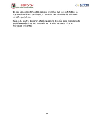 En esta lección estudiamos dos clases de problemas que son: parte-todo en los
que existen variables cuantitativas y cualitativas y los familiares que solo tienen
variables cualitativas.

Para poder resolver de manera eficaz el problema debemos leerlo detenidamente
y establecer relaciones, esta estrategia nos permitirá solucionar y buscar
respuestas coherentes.




                                          18
 