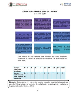 ESTRATEGIA BINARIA PARA EL TANTEO
                               SISTEMÁTICO


                                         Luego le aplicamos el
         Ordenamos el conjunto de        criterio de validacion (el
                                                                         Continuamos identificando
         soluciones tentativas de        numero de patas o el costo
                                                                         el punto intermedio que
         acuerdo a un criterio. Por      golosinas) a los valores
                                                                         divide el rango en dos
         ejemplo, el numero de           extremos para verificar si es
                                                                         porciones y le aplicamos la
         conejor, o el numero de         uno de ellos la respuesta, o
                                                                         validacion a dicho punto.
         chocolates.                     que la respuesta es una de
                                         las soluciones intermedias.


                                                                         Repetimos el paso anterior
                                         Como resultado de este
                                                                         comenzando por identificar
         Si      esa    no    es    la   paso terminamos con un
                                                                         el nuevo punto intermedio
         solucion, entonces podemos      nuevo rango que tiene la
                                                                         que divide el nuevo rango
         idetificar en que porcion del   mitad      de      soluciones
                                                                         en    dos    porciones   y
         rango esta la respuesta.        tentativas que tiene el rango
                                                                         repetimos la validacion en
                                         original.
                                                                         ese punto.


         Si no hemos acertado la
         respuesta, terminamos con
                                                                         Este método       es muy
         otro nuevo rango que tiene      Repetimos    esto   hasta
                                                                         efectivo   para   descartar
         la cuarta parte de las          encontrar la respuesta al
                                                                         soluciones        tentativas
         soluciones tentativas que       problema.
                                                                         incorrectas.
         tiene el rango del inicio del
         problema.


             Este método es muy efectivo para descartar soluciones tentativas
             incorrectas. El número de evaluaciones necesarias con este método es
             como sigue:




      Numero       de 2             4     8        16    32      64      128   256    1024
      soluciones
      tentativas
      Numero       de 1             2     3        4     5       6       7     8      10
      evaluaciones
      para obtener la
      respuesta

Ejercicio.- Coloca signos + y x entre los números indicados para que la igualdad sea
correcta. Dale prioridad a la operación de multiplicación, es decir, primero multiplica, y
luego suma todos los términos al final.

                                              40
 