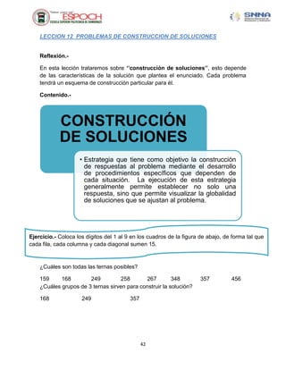 LECCION 12 PROBLEMAS DE CONSTRUCCION DE SOLUCIONES


    Reflexión.-

    En esta lección trataremos sobre „‟construcción de soluciones‟‟, esto depende
    de las características de la solución que plantea el enunciado. Cada problema
    tendrá un esquema de construcción particular para él.

    Contenido.-




            CONSTRUCCIÓN
            DE SOLUCIONES
                    • Estrategia que tiene como objetivo la construcción
                      de respuestas al problema mediante el desarrollo
                      de procedimientos específicos que dependen de
                      cada situación. La ejecución de esta estrategia
                      generalmente permite establecer no solo una
                      respuesta, sino que permite visualizar la globalidad
                      de soluciones que se ajustan al problema.




Ejercicio.- Coloca los dígitos del 1 al 9 en los cuadros de la figura de abajo, de forma tal que
cada fila, cada columna y cada diagonal sumen 15.



    ¿Cuáles son todas las ternas posibles?

    159     168        249         258       267         348          357         456
    ¿Cuáles grupos de 3 ternas sirven para construir la solución?

    168              249                 357




                                               42
 