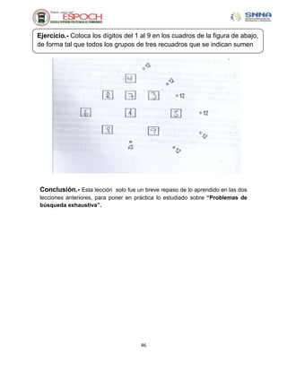 Ejercicio.- Coloca los dígitos del 1 al 9 en los cuadros de la figura de abajo,
de forma tal que todos los grupos de tres recuadros que se indican sumen
12.




Conclusión.- Esta lección solo fue un breve repaso de lo aprendido en las dos
lecciones anteriores, para poner en práctica lo estudiado sobre “Problemas de
búsqueda exhaustiva”.




                                     46
 