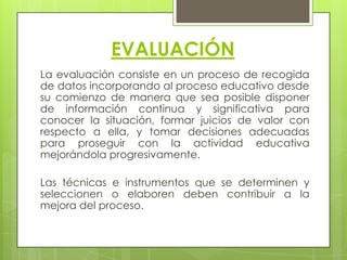 EVALUACIÓN
La evaluación consiste en un proceso de recogida
de datos incorporando al proceso educativo desde
su comienzo de manera que sea posible disponer
de información continua y significativa para
conocer la situación, formar juicios de valor con
respecto a ella, y tomar decisiones adecuadas
para proseguir con la actividad educativa
mejorándola progresivamente.

Las técnicas e instrumentos que se determinen y
seleccionen o elaboren deben contribuir a la
mejora del proceso.
 