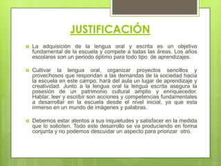JUSTIFICACIÓN
   La adquisición de la lengua oral y escrita es un objetivo
    fundamental de la escuela y compete a todas las áreas. Los años
    escolares son un periodo óptimo para todo tipo de aprendizajes.

   Cultivar la lengua oral, organizar proyectos sencillos y
    provechosos que respondan a las demandas de la sociedad hacia
    la escuela en este campo, hará del aula un lugar de aprendizaje y
    creatividad. Junto a la lengua oral la lengua escrita asegura la
    posesión de un patrimonio cultural amplio y enriquecedor.
    Hablar, leer y escribir son acciones y competencias fundamentales
    a desarrollar en la escuela desde el nivel inicial, ya que esta
    inmerso en un mundo de imágenes y palabras.

   Debemos estar atentos a sus inquietudes y satisfacer en la medida
    que lo soliciten. Todo este desarrollo se va produciendo en forma
    conjunta y no podemos descuidar un aspecto para priorizar otro.
 