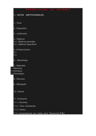 P R E S E N T A C I Ó N D E I N F O R M E S
1.- DATOS INSTITUCIONALES:
1.- Tema
2.- Diagnóstico
3.- Justificación
4.- Objetivos
4.1.- Objetivos generales
4.2.- Objetivos específicos
5.- Enfoque teórico
5.1.
5.2.
6.- Metodología
7.- Materiales
1.1 Recursos
1.2 Humanos
1.3Tecnológico
8.- Recursos
9.- Bibliografía
10.- Anexos
11.- Evaluación
11.1.- Docentes
11.2,.- Otros Estudiantes
11.3.- Publico
11.4.- Autoevaluación por medio de la Técnica del P N I
 