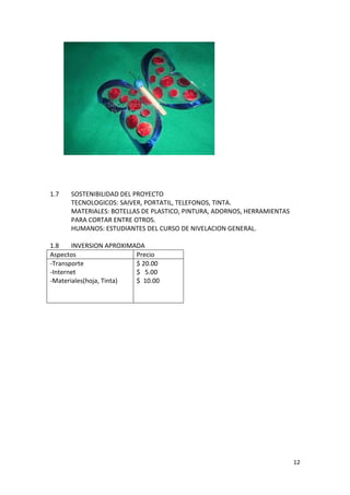 12
1.7 SOSTENIBILIDAD DEL PROYECTO
TECNOLOGICOS: SAIVER, PORTATIL, TELEFONOS, TINTA.
MATERIALES: BOTELLAS DE PLASTICO, PINTURA, ADORNOS, HERRAMIENTAS
PARA CORTAR ENTRE OTROS.
HUMANOS: ESTUDIANTES DEL CURSO DE NIVELACION GENERAL.
1.8 INVERSION APROXIMADA
Aspectos Precio
-Transporte
-Internet
-Materiales(hoja, Tinta)
$ 20.00
$ 5.00
$ 10.00
 