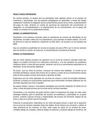 RESULTADOS ESPERADOS
De manera general, se espera que los estudiantes sean agentes activos en el proceso de
enseñanza y aprendizaje, que las practicas pedagógicas se desarrollen a través del trabajo
colaborativo mediante la indagación de los conocimientos previos de los niños, el planteamiento
del juego de roles, teniendo en cuenta las secciones de exploración del conocimiento, la
indagación, la conceptualización y el afianzamiento de los conocimientos, con el apoyo del
trabajo en contexto con la colaboración familiar.
DESDE LO ADMINISTRATIVO:
Sensibilizar a los directivos docentes sobre la importancia de conocer las dificultades de los
estudiantes, de saber cuáles son sus expectativas y que procesos se deben realizar, con el fin
de disminuir la tasa de repitencia y deserción en éste último, de acuerdo con los estudios del
MEN
Que se considere la posibilidad de vincular el proyecto de aula al PEI ó por lo menos valorado
para ser tenido en cuenta, en busca de su transcendencia a los planes de estudio
DESDE LO PEDAGÓGICO:
Que los niños realicen procesos de operación con la suma de números naturales hasta tres
dígitos y lo puedan comunicar con notaciones numéricas y, a la vez resuelvan sus problemas
cotidianos dentro y fuera del aula escolar, haciendo uso de sus conocimientos adquiridos en el
desarrollo de las secuencias didácticas
Se busca que los niños de primero, conozcan de manera más detallada el mundo de los
animales domésticos, siendo este el tema de su interés y a partir de sus conocimientos previos
sobre el tema puedan conocer otros temas y aprender de ellos
Esperamos que los niños participen de una feria de compra y venta de animales didácticos,
poniendo a prueba sus conocimientos adquiridos para intercambiar monedas didácticas por los
animales (juguetes) que más le agraden
Se espera diseñar nuevas e innovadoras estrategias que permitan despertar el interés de los
niños y niñas del grado primero por el mundo de los números naturales.
Concientizar a los docentes del grado primero sobre la importancia del juego de roles como
estrategia didáctica para el desarrollo del proceso de enseñanza y aprendizaje en el grado
primero, evitando rupturas bruscas y fragmentadas del proceso de formación integral de los
niños y niñas en el primer ciclo de formación
Potenciar el pensamiento matemático en los niños del grado primero a partir de la operación
con la suma de números naturales hasta tres dígitos, de tal manera que conozcan y utilicen el
valor posicional de los números, es decir, sean capaz de ubicar en un proceso de suma:
unidades debajo de unidades, decenas debajo de decenas y centenas debajo de centenas. De
 