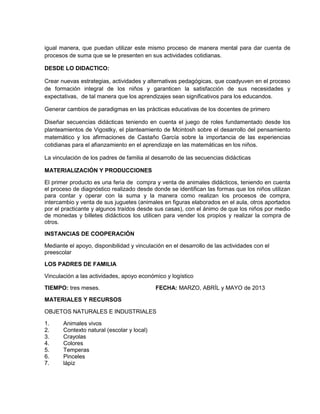 igual manera, que puedan utilizar este mismo proceso de manera mental para dar cuenta de
procesos de suma que se le presenten en sus actividades cotidianas.
DESDE LO DIDACTICO:
Crear nuevas estrategias, actividades y alternativas pedagógicas, que coadyuven en el proceso
de formación integral de los niños y garanticen la satisfacción de sus necesidades y
expectativas, de tal manera que los aprendizajes sean significativos para los educandos.
Generar cambios de paradigmas en las prácticas educativas de los docentes de primero
Diseñar secuencias didácticas teniendo en cuenta el juego de roles fundamentado desde los
planteamientos de Vigostky, el planteamiento de Mcintosh sobre el desarrollo del pensamiento
matemático y los afirmaciones de Castaño García sobre la importancia de las experiencias
cotidianas para el afianzamiento en el aprendizaje en las matemáticas en los niños.
La vinculación de los padres de familia al desarrollo de las secuencias didácticas
MATERIALIZACIÓN Y PRODUCCIONES
El primer producto es una feria de compra y venta de animales didácticos, teniendo en cuenta
el proceso de diagnóstico realizado desde donde se identifican las formas que los niños utilizan
para contar y operar con la suma y la manera como realizan los procesos de compra,
intercambio y venta de sus juguetes (animales en figuras elaborados en el aula, otros aportados
por el practicante y algunos traídos desde sus casas), con el ánimo de que los niños por medio
de monedas y billetes didácticos los utilicen para vender los propios y realizar la compra de
otros.
INSTANCIAS DE COOPERACIÓN
Mediante el apoyo, disponibilidad y vinculación en el desarrollo de las actividades con el
preescolar
LOS PADRES DE FAMILIA
Vinculación a las actividades, apoyo económico y logístico
TIEMPO: tres meses. FECHA: MARZO, ABRÍL y MAYO de 2013
MATERIALES Y RECURSOS
OBJETOS NATURALES E INDUSTRIALES
1. Animales vivos
2. Contexto natural (escolar y local)
3. Crayolas
4. Colores
5. Temperas
6. Pinceles
7. lápiz
 
