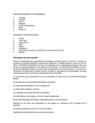 OBJETOS IMPRESOS Y ESTAMPADOS
1. Láminas
2. Gráficos
3. Libros
4. Revistas
5. Fichas prediseñadas
1. Block
2. Papel iris
SONOROS Y DE PROYECCIÓN
1. Videos
2. Video ven
3. Computador
4. USB
5. Música
6. Grabadora
7. Canciones de autoría y construcción conjunta con los niños
8. Rondas
PROCESOS DE EVALUACIÓN
Durante el desarrollo de las actividades planteadas se debe observar y/o tener en cuenta los
procesos de COEVALUACIÓN: procesos de interacción y trabajo grupal de cada uno de los
niños, HETEROEVALUACIÓN: proceso y/o actividades que se desarrollan al finalizar cada una
de las secuencias didácticas en la etapa de control final, y la AUTOEVALUACIÓN: la que le
permite al estudiante definir su propio nivel de apropiación de conocimientos y a través de la
recreación de situaciones similares el niños muestra su apropiación de aprendizajes. De igual
manera durante todo el proceso de desarrollo de las actividades:
La coherencia de su participación con las actividades se debe tener en cuenta las siguientes
pautas:
El resultado de sus actividades individuales y colectivas
La capacidad de liderazgo y toma de decisiones.
La actitud para integrarse al grupo
Las aptitudes en el desarrollo de las actividades
El cumplimiento de las pautas, normas o reglas establecidas
Respuesta ante preguntas fáticas, problematizadoras y transcendentes
Relación de los roles que desempeñe en los juegos en coherencia con el objetivo de la
actividad
El nivel de participación del niño en las actividades
Capacidad de recomponerse en caso de equivocarse
 