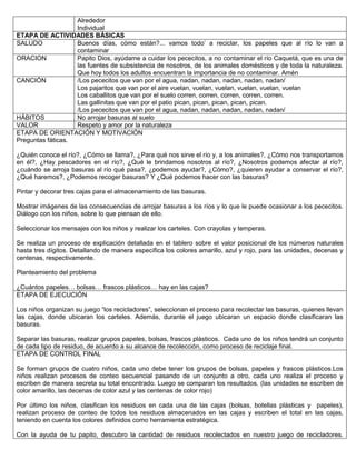 Alrededor
Individual
ETAPA DE ACTIVIDADES BÁSICAS
SALUDO Buenos días, cómo están?... vamos todo’ a reciclar, los papeles que al río lo van a
contaminar
ORACION Papito Dios, ayúdame a cuidar los pececitos, a no contaminar el río Caquetá, que es una de
las fuentes de subsistencia de nosotros, de los animales domésticos y de toda la naturaleza.
Que hoy todos los adultos encuentran la importancia de no contaminar. Amén
CANCIÓN /Los pececitos que van por el agua, nadan, nadan, nadan, nadan, nadan/
Los pajaritos que van por el aire vuelan, vuelan, vuelan, vuelan, vuelan, vuelan
Los caballitos que van por el suelo corren, corren, corren, corren, corren.
Las gallinitas que van por el patio pican, pican, pican, pican, pican.
/Los pececitos que van por el agua, nadan, nadan, nadan, nadan, nadan/
HÁBITOS No arrojar basuras al suelo
VALOR Respeto y amor por la naturaleza
ETAPA DE ORIENTACIÓN Y MOTIVACIÓN
Preguntas fáticas.
¿Quién conoce el río?, ¿Cómo se llama?, ¿Para qué nos sirve el río y, a los animales?, ¿Cómo nos transportamos
en él?, ¿Hay pescadores en el río?, ¿Qué le brindamos nosotros al río?, ¿Nosotros podemos afectar al río?,
¿cuándo se arroja basuras al río qué pasa?, ¿podemos ayudar?, ¿Cómo?, ¿quieren ayudar a conservar el río?,
¿Qué haremos?, ¿Podemos recoger basuras? Y ¿Qué podemos hacer con las basuras?
Pintar y decorar tres cajas para el almacenamiento de las basuras.
Mostrar imágenes de las consecuencias de arrojar basuras a los ríos y lo que le puede ocasionar a los pececitos.
Diálogo con los niños, sobre lo que piensan de ello.
Seleccionar los mensajes con los niños y realizar los carteles. Con crayolas y temperas.
Se realiza un proceso de explicación detallada en el tablero sobre el valor posicional de los números naturales
hasta tres dígitos. Detallando de manera específica los colores amarillo, azul y rojo, para las unidades, decenas y
centenas, respectivamente.
Planteamiento del problema
¿Cuántos papeles… bolsas… frascos plásticos… hay en las cajas?
ETAPA DE EJECUCIÓN
Los niños organizan su juego “los recicladores”, seleccionan el proceso para recolectar las basuras, quienes llevan
las cajas, donde ubicaran los carteles. Además, durante el juego ubicaran un espacio donde clasificaran las
basuras.
Separar las basuras, realizar grupos papeles, bolsas, frascos plásticos. Cada uno de los niños tendrá un conjunto
de cada tipo de residuo, de acuerdo a su alcance de recolección, como proceso de reciclaje final.
ETAPA DE CONTROL FINAL
Se forman grupos de cuatro niños, cada uno debe tener los grupos de bolsas, papeles y frascos plásticos.Los
niños realizan procesos de conteo secuencial pasando de un conjunto a otro, cada uno realiza el proceso y
escriben de manera secreta su total encontrado. Luego se comparan los resultados. (las unidades se escriben de
color amarillo, las decenas de color azul y las centenas de color rojo)
Por último los niños, clasifican los residuos en cada una de las cajas (bolsas, botellas plásticas y papeles),
realizan proceso de conteo de todos los residuos almacenados en las cajas y escriben el total en las cajas,
teniendo en cuenta los colores definidos como herramienta estratégica.
Con la ayuda de tu papito, descubro la cantidad de residuos recolectados en nuestro juego de recicladores.
 