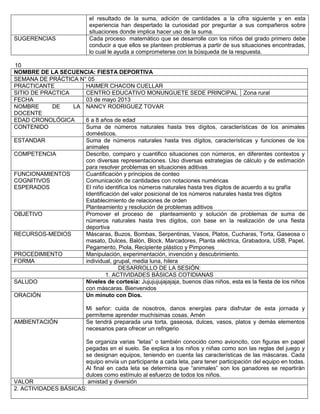 el resultado de la suma, adición de cantidades a la cifra siguiente y en esta
experiencia han despertado la curiosidad por preguntar a sus compañeros sobre
situaciones donde implica hacer uso de la suma.
SUGERENCIAS Cada proceso matemático que se desarrolle con los niños del grado primero debe
conducir a que ellos se planteen problemas a partir de sus situaciones encontradas,
lo cual le ayuda a comprometerse con la búsqueda de la respuesta.
10
NOMBRE DE LA SECUENCIA: FIESTA DEPORTIVA
SEMANA DE PRÁCTICA N° 05
PRACTICANTE HAIMER CHACON CUELLAR
SITIO DE PRACTICA CENTRO EDUCATIVO MONUNGUETE SEDE PRINCIPAL Zona rural
FECHA 03 de mayo 2013
NOMBRE DE LA
DOCENTE
NANCY RODRIGUEZ TOVAR
EDAD CRONOLÓGICA 6 a 8 años de edad
CONTENIDO Suma de números naturales hasta tres dígitos, características de los animales
domésticos.
ESTANDAR Suma de números naturales hasta tres dígitos, características y funciones de los
animales
COMPETENCIA Describo, comparo y cuantifico situaciones con números, en diferentes contextos y
con diversas representaciones. Uso diversas estrategias de cálculo y de estimación
para resolver problemas en situaciones aditivas
FUNCIONAMIENTOS
COGNITIVOS
ESPERADOS
Cuantificación y principios de conteo
Comunicación de cantidades con notaciones numéricas
El niño identifica los números naturales hasta tres dígitos de acuerdo a su grafía
Identificación del valor posicional de los números naturales hasta tres dígitos
Establecimiento de relaciones de orden
Planteamiento y resolución de problemas aditivos
OBJETIVO Promover el proceso de planteamiento y solución de problemas de suma de
números naturales hasta tres dígitos, con base en la realización de una fiesta
deportiva
RECURSOS-MEDIOS Máscaras, Buzos, Bombas, Serpentinas, Vasos, Platos, Cucharas, Torta, Gaseosa o
masato, Dulces, Balón, Block, Marcadores, Planta eléctrica, Grabadora, USB, Papel,
Pegamento, Piola, Recipiente plástico y Pimpones
PROCEDIMIENTO Manipulación, experimentación, invención y descubrimiento.
FORMA individual, grupal, media luna, hilera
DESARROLLO DE LA SESIÓN:
1. ACTIVIDADES BÁSICAS COTIDIANAS
SALUDO Niveles de cortesía: Jujujujujajajaja, buenos días niños, esta es la fiesta de los niños
con máscaras. Bienvenidos
ORACIÓN Un minuto con Dios.
Mi señor: cuida de nosotros, danos energías para disfrutar de esta jornada y
permíteme aprender muchísimas cosas. Amén
AMBIENTACIÓN Se tendrá preparada una torta, gaseosa, dulces, vasos, platos y demás elementos
necesarios para ofrecer un refrigerio
Se organiza varias “letas” o también conocido como avioncito, con figuras en papel
pegadas en el suelo. Se explica a los niños y niñas como son las reglas del juego y
se designan equipos, teniendo en cuenta las características de las máscaras. Cada
equipo envía un participante a cada leta, para tener participación del equipo en todas.
Al final en cada leta se determina que “animales” son los ganadores se repartirán
dulces como estímulo al esfuerzo de todos los niños.
VALOR amistad y diversión
2. ACTIVIDADES BÁSICAS:
 