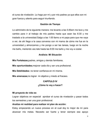 9
el curso de nivelación. Lo hago por mí y por mis padres ya que ellos son mi
gran fuerza y aliento para seguir triunfando.
Gestión de Tiempo
Lo administro de la siguiente manera: me levanto a las 5.00am me lavo y me
cambio para ir al trabajo de mis padres hasta que sean las 6:30 y me
traslado a la universidad.Salgo a las 1:00 llamo a mi papa para que me vaya
a ver, de ahí llego a la casa converso con mi mama de cómo me fue en la
universidad y almorzamos y me pongo a ser las tareas, luego en la noche
me baño, meriendo veo tele hasta las 9:00 me baño y me voy a costar.
Análisis: Mi Situación
Mis Fortalezas;padres, amigos y demás familiares.
Mis oportunidades;mejorar cada día y ser una profesional.
Mis Debilidades: no tener confianza en mí misma.
Mis amenazas;no lograr mi objetivo y miedo al fracaso.
CAPITULO IV
¿Cómo lo voy a hacer?
Mi proyecto de vida es:
Lograr objetivos en especial aprobar el curso de nivelación y pasar todos
los semestres y ser una gran profesional.
Analizo mi realidad para realizar mi plan de acción:
Estoy empezando un nuevo proceso en el cual doy lo mejor de mí para
alcanzar mis metas. Necesito ser fuerte y tener siempre ese apoyo
 