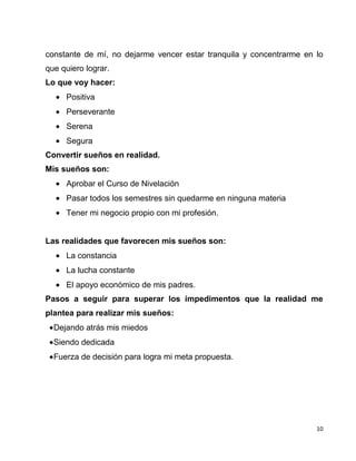 10
constante de mí, no dejarme vencer estar tranquila y concentrarme en lo
que quiero lograr.
Lo que voy hacer:
Positiva
Perseverante
Serena
Segura
Convertir sueños en realidad.
Mis sueños son:
Aprobar el Curso de Nivelación
Pasar todos los semestres sin quedarme en ninguna materia
Tener mi negocio propio con mi profesión.
Las realidades que favorecen mis sueños son:
La constancia
La lucha constante
El apoyo económico de mis padres.
Pasos a seguir para superar los impedimentos que la realidad me
plantea para realizar mis sueños:
Dejando atrás mis miedos
Siendo dedicada
Fuerza de decisión para logra mi meta propuesta.
 