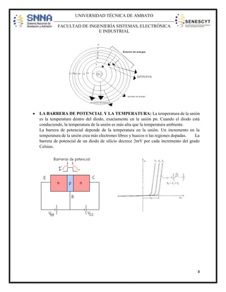 UNIVERSIDAD TÉCNICA DE AMBATO
FACULTAD DE INGENIERÍA SISTEMAS, ELECTRÓNICA
E INDUSTRIAL



LA BARRERA DE POTENCIAL Y LA TEMPERATURA: La temperatura de la unión
es la temperatura dentro del diodo, exactamente en la unión pn. Cuando el diodo está
conduciendo, la temperatura de la unión es más alta que la temperatura ambiente.
La barrera de potencial depende de la temperatura en la unión. Un incremento en la
temperatura de la unión crea más electrones libres y huecos n las regiones dopadas.
La
barrera de potencial de un diodo de silicio decrece 2mV por cada incremento del grado
Celsius.

8

 