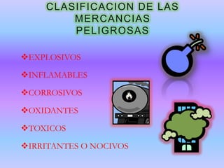 CLASIFICACION DE LAS
MERCANCIAS
PELIGROSAS
EXPLOSIVOS
INFLAMABLES
CORROSIVOS

OXIDANTES
TOXICOS

IRRITANTES O NOCIVOS

 