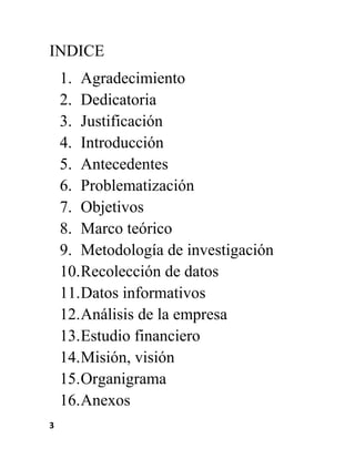 INDICE
1. Agradecimiento
2. Dedicatoria
3. Justificación
4. Introducción
5. Antecedentes
6. Problematización
7. Objetivos
8. Marco teórico
9. Metodología de investigación
10. Recolección de datos
11. Datos informativos
12. Análisis de la empresa
13. Estudio financiero
14. Misión, visión
15. Organigrama
16. Anexos
3

 