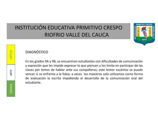 INSTITUCIÓN EDUCATIVA PRIMITIVO CRESPO
RIOFRIO VALLE DEL CAUCA
CIENCIAARTEVIRTUD
DIAGNÓSTICO
En los grados 9A y 9B, se encuentran estudiantes con dificultades de comunicación
y expresión que les impide expresar lo que piensan y los limita en participar de las
clases por temor de hablar ante sus compañeros; este temor escénico se puede
vencer si se enfrenta a la fobia; a veces los maestros solo utilizamos como forma
de evaluación la escrita impidiendo el desarrollo de la comunicación oral del
estudiante.
 