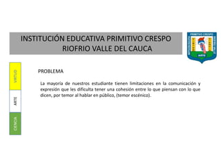 INSTITUCIÓN EDUCATIVA PRIMITIVO CRESPO
RIOFRIO VALLE DEL CAUCA
CIENCIAARTEVIRTUD
PROBLEMA
La mayoría de nuestros estudiante tienen limitaciones en la comunicación y
expresión que les dificulta tener una cohesión entre lo que piensan con lo que
dicen, por temor al hablar en público, (temor escénico).
 