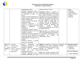 Proyecto de aula para el diseño de enseñanza 
Mery Rivera – Catherine Villarroel 
Página 33 
complementar lo dicho. 
 Expresan desacuerdo frente a opiniones expresadas por otros, sin descalificar las ideas ni al emisor. 
 Actuar en forma respetuosa (por ejemplo, escuchar, respetar turnos, rutinas y pertenencias). 
 Piden la palabra para hablar y respetan los turnos. 
 Escuchan atentamente y en silencio a la persona que está hablando (profesores y compañeros). 
 Demuestran tolerancia frente a las distintas opiniones y formas de trabajar de sus pares. 
 Identifican situaciones cotidianas en las que se ven reflejados los valores del respeto al otro, de la responsabilidad, la tolerancia y la empatía. 
 Muestran tolerancia y empatía frente a sus compañeros. 
“amigos de la paz”. (15 min) 
Desarrollo: Observan y comentan un cortometraje aludido a la temática de la paz y valores asociados a una sana convivencia con el fin de respetar sus opiniones en un ambiente de empatía y tolerancia, asociándolo a situaciones de su vida cotidiana. Luego leen un contrato donde se comprometen a manifestar actitudes de solidaridad y respeto durante el desarrollo del proyecto, además elaboran compromisos personales en una mano de cartulina. (60 min) 
Cierre: Escriben en su bitácora lo que más le dio significancia de la jornada y se autoevalúan respondiendo a los indicadores del contrato de compromisos. (15 min.) 
imagen. 
 Parlantes. 
 Cortometraje. 
 Mano de cartulina. 
 Contrato 
 Bitácoras. 
Miércoles 
08-10 
(2 hora pedagógica) 
 Lenguaje y Comunicación. 
 Orientación. 
 Historia, Geografía y Cs. Sociales. 
 Matemática. 
 Hacen comentarios que demuestran empatía por lo que expresa un compañero 
 Esperan que el interlocutor termine una idea para complementar lo dicho. 
 Expresan desacuerdo frente a opiniones expresadas por otros, 
Objetivo: Comprender la estructura y metodología del cuento matemático enfocado a la adición y sustracción y las actitudes de enfocadas a una convivencia escolar. 
Inicio: Leen y revisan su bitácora, para mejorar los aspectos indicados por las 
Evaluación de Proceso. 
Recursos humanos: 
 Profesora mentora. 
 Profesoras practicantes. 
Recursos didácticos: 
 Cuento matemático.  