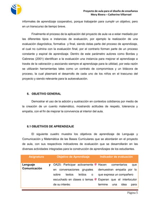 Proyecto de aula para el diseño de enseñanza 
Mery Rivera – Catherine Villarroel 
Página 5 
informales de aprendizaje cooperativo, porque trabajarán para cumplir un objetivo, pero en un transcurso de tiempo breve. 
Finalmente el proceso de la aplicación del proyecto de aula va a estar mediado por las diferentes tipos e instancias de evaluación, por ejemplo la realización de una evaluación diagnóstica, formativa y final, siendo éstas parte del proceso de aprendizaje, el cual no culmina con la evaluación final, por el contrario forman parte de un proceso constante y espiral de aprendizaje. Dentro de este parámetro autores como Bordas y Cabreras (2001) identifican a la evaluación una instancia para mejorar el aprendizaje a través de la valoración y asociando siempre el aprendizaje para la utilidad, por esta razón se utilizarán herramientas tales como un contrato de compromisos y un bitácora de proceso, la cual plasmará el desarrollo de cada uno de los niños en el trascurso del proyecto y siendo relevante para la autoevaluación. 
6. OBJETIVO GENERAL 
Demostrar el uso de la adición y sustracción en contextos cotidianos por medio de la creación de un cuento matemático, mostrando actitudes de respeto, tolerancia y empatía, con el fin de mejorar la convivencia al interior del aula. 
6.1 OBJETIVOS DE APRENDIZAJE 
El siguiente cuadro muestra los objetivos de aprendizaje de Lenguaje y Comunicación y Matemática de las Bases Curriculares que se abordarán en el proyecto de aula, con sus respectivos indicadores de evaluación que se desarrollarán en las diversas actividades integradas para la construcción de aprendizajes de los estudiantes. Asignatura Objetivo de Aprendizaje Indicador de evaluación 
Lenguaje y Comunicación 
OA25: Participar activamente en conversaciones grupales sobre textos leídos o escuchado en clases o temas de su interés: 
Hacen comentarios que demuestran empatía por lo que expresa un compañero 
Esperan que el interlocutor termine una idea para  