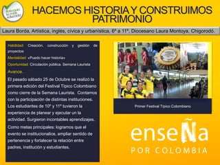 Foto
HACEMOS HISTORIAY CONSTRUIMOS
PATRIMONIO
Habilidad: Creación, construcción y gestión de
proyectos
Mentalidad: «Puedo hacer historia»
Oportunidad: Circulación pública. Semana Laurista
Avance.
El pasado sábado 25 de Octubre se realizó la
primera edición del Festival Típico Colombiano
como cierre de la Semana Laurista. Contamos
con la participación de distintas instituciones.
Los estudiantes de 10º y 11º tuvieron la
experiencia de planear y ejecutar un la
actividad. Surgieron incontables aprendizajes.
Como metas principales: logramos que el
evento se institucionalice, ampliar sentido de
pertenencia y fortalecer la relación entre
padres, institución y estudiantes.
Laura Borda, Artística, inglés, cívica y urbanística, 6º a 11º, Diocesano Laura Montoya, Chigorodó.
Primer Festival Típico Colombiano
 