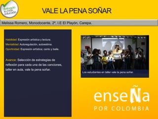 VALE LAPENASOÑAR
Habilidad: Expresión artística y lectura.
Mentalidad: Autoregulación, autoestima.
Oportinidad: Expresión artística; canto y baile.
Avance: Selección de estrategias de
reflexión para cada una de las canciones,
taller en aula, vale la pena soñar.
Melissa Romero, Monodocente, 2º, I.E El Playón, Carepa.
Los estudiantes en taller vale la pena soñar.
 