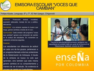 EMISORAESCOLAR “VOCES QUE
CAMBIAN”
Habilidad: Producción textual, moralidad,
expresión adecuada, manejo de voz y público,
elocuencia.
Mentalidad: «La emisora expresa lo bueno que
tengo, genero cambios a través de mi voz»
Oportunidad: Cada emisión del programa "voces
que cambian" genera una motivación de cambio
en la actitud del estudiante. En noviembre se
realizarán emisiones seguidas.
Avance:
Los estudiantes con diferencia de actitud
de cada uno de los grupos, pertenecen a
un programa llamado entornos protectores
de la Gobernación de Antioquia. A través
de la emisora se busca no solo que
aprendan, sino también que esta misma
genere cambios en su comportamiento y
manera de ver el estudio. Se evidencia el
proceso de cambio en 5 estudiantes.
Felipe Alzate, Lenguaje, 6º y 7º, IE Nel Upegui, Chigorodó
Foto
Tres de los estudiantes de la emisora, recibieron una
capacitación en emisión radio por parte de la Edumovil de
Teleantioquia. Apartadó, octubre de 2014
 