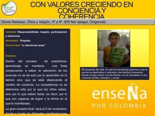 Foto
CON VALORES CRECIENDO EN
CONCIENCIAY
COHERENCIA
Habilidad: Responsabilidad, respeto, participación
y tolerancia
Mentalidad : Empatía
Oportunidad: “a valorarnos pues”
Avance.
Dentro del proceso de enseñanza-
aprendizaje se mantiene una linea
consecuente, a saber, la valoración de los
avances no se da solo por lo aprendido en lo
teórico sino que se está observando el
cambio de conducta. La competencia no se
determina sólo por lo que los niños saben,
sino por lo que saben hacer, es decir, por lo
que son capaces de lograr y la forma en la
que lo manifiestan.
La gran muestra final será el 5 de noviembre,
donde a través de diferentes manifestaciones
Gloria Restrepo, Ética y religión, 3º a 9º, IER Nel Upegui, Chigorodó.
Mi proyecto de vida. En este los estudiantes plasmaron todo lo
que les es significativo y motivador y les facilita la interacción
idónea consigo mismo, con los demás y con la naturaleza, en los
contextos familiar, educativo y social.
 