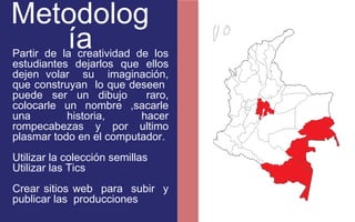 Metodolog 
ía Partir de la creatividad de los 
estudiantes dejarlos que ellos 
dejen volar su imaginación, 
que construyan lo que deseen 
puede ser un dibujo raro, 
colocarle un nombre ,sacarle 
una historia, hacer 
rompecabezas y por ultimo 
plasmar todo en el computador. 
Utilizar la colección semillas 
Utilizar las Tics 
Crear sitios web para subir y 
publicar las producciones 
 