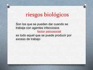 riesgos biológicos
Son los que se pueden dar cuando se
trabaja con agentes infecciosos
factor psicosocial
es todo aquel que se puede producir por
exceso de trabajo
 