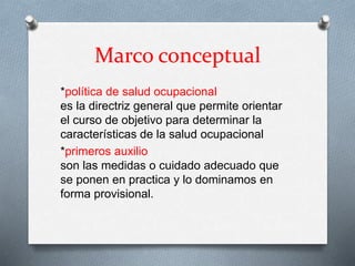 Marco conceptual
*política de salud ocupacional
es la directriz general que permite orientar
el curso de objetivo para determinar la
características de la salud ocupacional
*primeros auxilio
son las medidas o cuidado adecuado que
se ponen en practica y lo dominamos en
forma provisional.
 