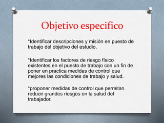 Objetivo especifico
*Identificar descripciones y misión en puesto de
trabajo del objetivo del estudio.
*Identificar los factores de riesgo físico
existentes en el puesto de trabajo con un fin de
poner en practica medidas de control que
mejores las condiciones de trabajo y salud.
*proponer medidas de control que permitan
reducir grandes riesgos en la salud del
trabajador.
 