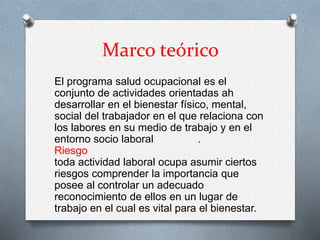 Marco teórico
El programa salud ocupacional es el
conjunto de actividades orientadas ah
desarrollar en el bienestar físico, mental,
social del trabajador en el que relaciona con
los labores en su medio de trabajo y en el
entorno socio laboral .
Riesgo
toda actividad laboral ocupa asumir ciertos
riesgos comprender la importancia que
posee al controlar un adecuado
reconocimiento de ellos en un lugar de
trabajo en el cual es vital para el bienestar.
 