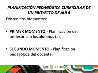 PLANIFICACIÓN PEDAGÓGICA CURRICULAR DE
UN PROYECTO DE AULA
Existen dos momentos:
• PRIMER MOMENTO.- Planificación del
profesor con los alumnos (as)
• SEGUNDO MOMENTO.- Planificación
pedagógica del docente.
 