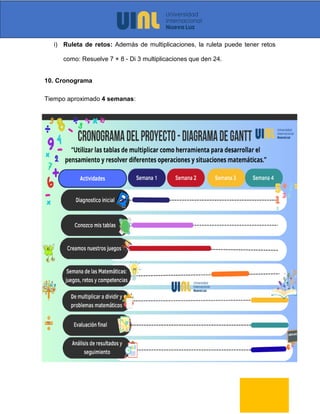i) Ruleta de retos: Además de multiplicaciones, la ruleta puede tener retos
como: Resuelve 7 × 8 - Di 3 multiplicaciones que den 24.
10. Cronograma
Tiempo aproximado 4 semanas:
 