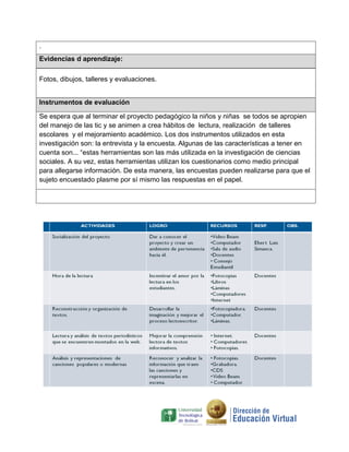 .
Evidencias d aprendizaje:

Fotos, dibujos, talleres y evaluaciones.


Instrumentos de evaluación

Se espera que al terminar el proyecto pedagógico la niños y niñas se todos se apropien
del manejo de las tic y se animen a crea hábitos de lectura, realización de talleres
escolares y el mejoramiento académico. Los dos instrumentos utilizados en esta
investigación son: la entrevista y la encuesta. Algunas de las características a tener en
cuenta son... “estas herramientas son las más utilizada en la investigación de ciencias
sociales. A su vez, estas herramientas utilizan los cuestionarios como medio principal
para allegarse información. De esta manera, las encuestas pueden realizarse para que el
sujeto encuestado plasme por sí mismo las respuestas en el papel.
 
