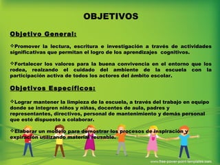 OBJETIVOS
Objetivo General:
Promover la lectura, escritura e investigación a través de actividades
significativas que permitan el logro de los aprendizajes cognitivos.
Fortalecer los valores para la buena convivencia en el entorno que los
rodea, realzando el cuidado del ambiente de la escuela con la
participación activa de todos los actores del ámbito escolar.
Objetivos Específicos:
Lograr mantener la limpieza de la escuela, a través del trabajo en equipo
donde se integren niños y niñas, docentes de aula, padres y
representantes, directivos, personal de mantenimiento y demás personal
que esté dispuesto a colaborar.
Elaborar un modelo para demostrar los procesos de inspiración y
expiración utilizando material reusable.
 
