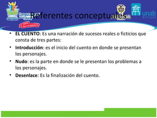 Referentes conceptuales
• EL CUENTO: Es una narración de sucesos reales o ficticios que
  consta de tres partes:
• Introducción: es el inicio del cuento en donde se presentan
  los personajes.
• Nudo: es la parte en donde se le presentan los problemas a
  los personajes.
• Desenlace: Es la finalización del cuento.
 