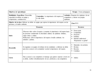 15
Objetivos de Aprendizajes Tiempo: 2 horas pedagógicas
Habilidades Específicas: Desarrollan
capacidad de trabajo en equipo y
competencias comunicativas.
Contenidos: La importancia del respeto en
la vida diaria.
Actitudes: Respetan las opiniones de sus
compañeros y valoran sus propias
opiniones.
Objetivo de la clase: Elaborar un afiche en equipo que expresa la importancia del respeto con las
personas y el medio ambiente.
Clase Nº 3
Momentos Recursos
Inicio
Observan video sobre el respeto y comentan la importancia del respeto hacia
las personas considerando la diversidad cultural, las opiniones distintas,
origen étnico y cultura.
Reflexionan sobre la importancia del respeto al medio ambiente, los
animales y plantas.
 Power point.
 Computador
 Proyector
 Parlantes
 Material audiovisual
“Respetarnos es genial”
Desarrollo
Se organizan en equipos de trabajo de tres estudiantes y elaboran un afiche
para dar a conocer en la comunidad escolar la importancia del respeto.
 Materiales de escritorio
 Revistas
 Recortes
 Cartulinas
Cierre
Dan a conocer a sus compañeros el mensaje que quieren expresar a través de
su afiche, reciben retroalimentación de sus profesoras y sus compañeros.
 Afiches
 