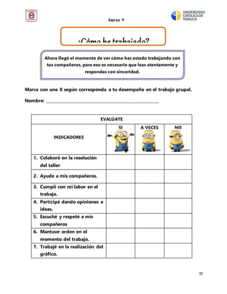32
¿Cómo he trabajado?
Marca con una X según corresponda a tu desempeño en el trabajo grupal.
Nombre: _________________________________________________________
EVALÚATE
INDICADORES
SI A VECES NO
1. Colaboré en la resolución
del taller
2. Ayude a mis compañeros.
3. Cumplí con mi labor en el
trabajo.
4. Participé dando opiniones e
ideas.
5. Escuché y respeté a mis
compañeros
6. Mantuve orden en el
momento del trabajo.
7. Trabajé en la realización del
gráfico.
Ahora llegó el momento de ver cómo has estado trabajando con
tus compañeros, para eso es necesario que leas atentamente y
respondas con sinceridad.
Anexo 9
 