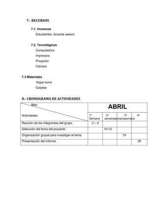 7.- RECURSOS
7.1. Humanos
Estudiantes, docente asesor.
7.2. Tecnológicos
Computadora
Impresora
Proyector
Cámara
7.3 Materiales
Hojas bond
Carpeta
8.- CRONOGRAMA DE ACTIVIDADES
Mes
Actividades
ABRIL
1º 2º 3º 4º
Semana semanasemanasemana
Reunión de los integrantes del grupo 3 – 4
Selección del tema del proyecto 10-12
Organización grupal para investigar el tema 19
Presentación del informe 26
 